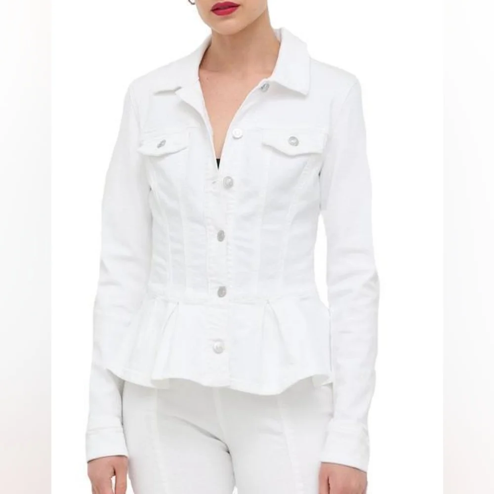 COPY - Women optic white "Guess" peplum denim jacket with floral applique on th… - Picture 5 of 6